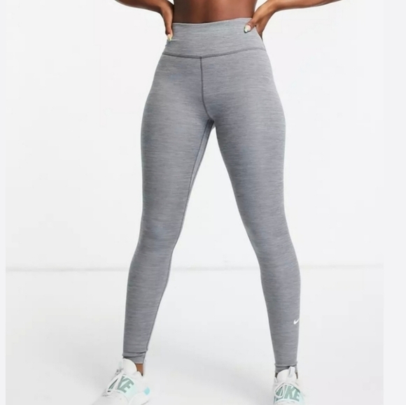 Nike Training Dri-Fit Gray High Rise Swoosh Logo Essentials Tight Leggings - Picture 1 of 11